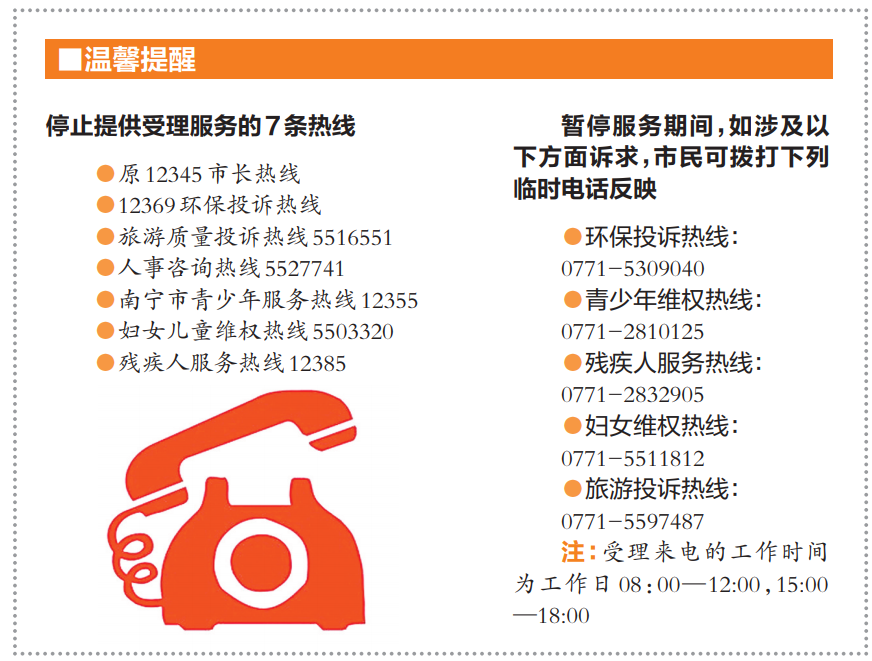 南寧12345政府服務(wù)熱線8日啟用 7條熱線停止服務(wù)